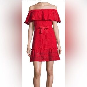 LIKELY Red Eyelet Dress Mini On Or Off Shoulder Cotton Woman’s Size 0